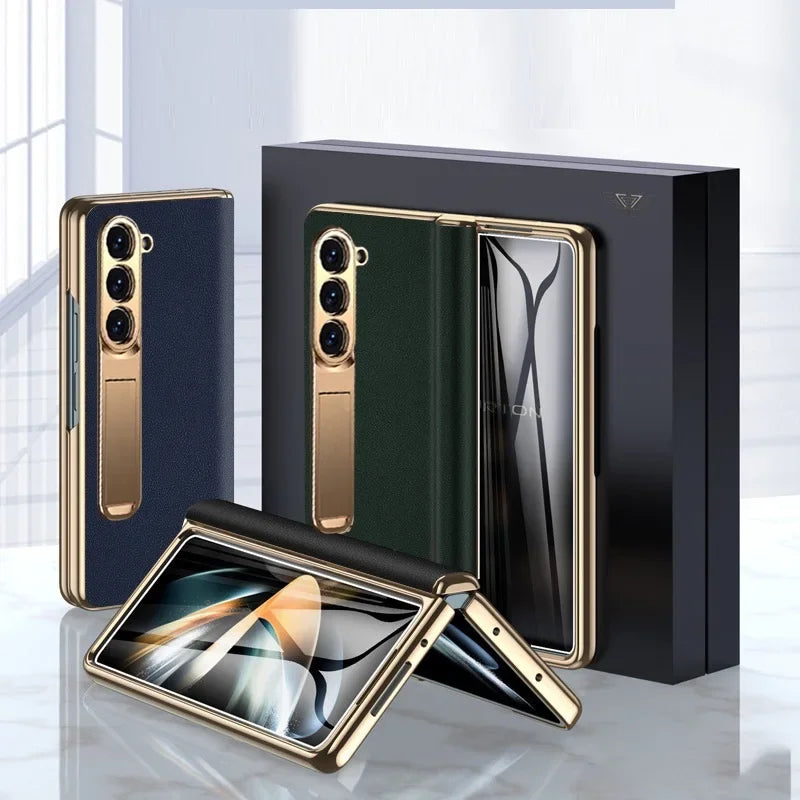 Luxury Leather Cover For Samsung Z Fold 7 6 5 Case Plating Stand Hinge Front Glass Screen