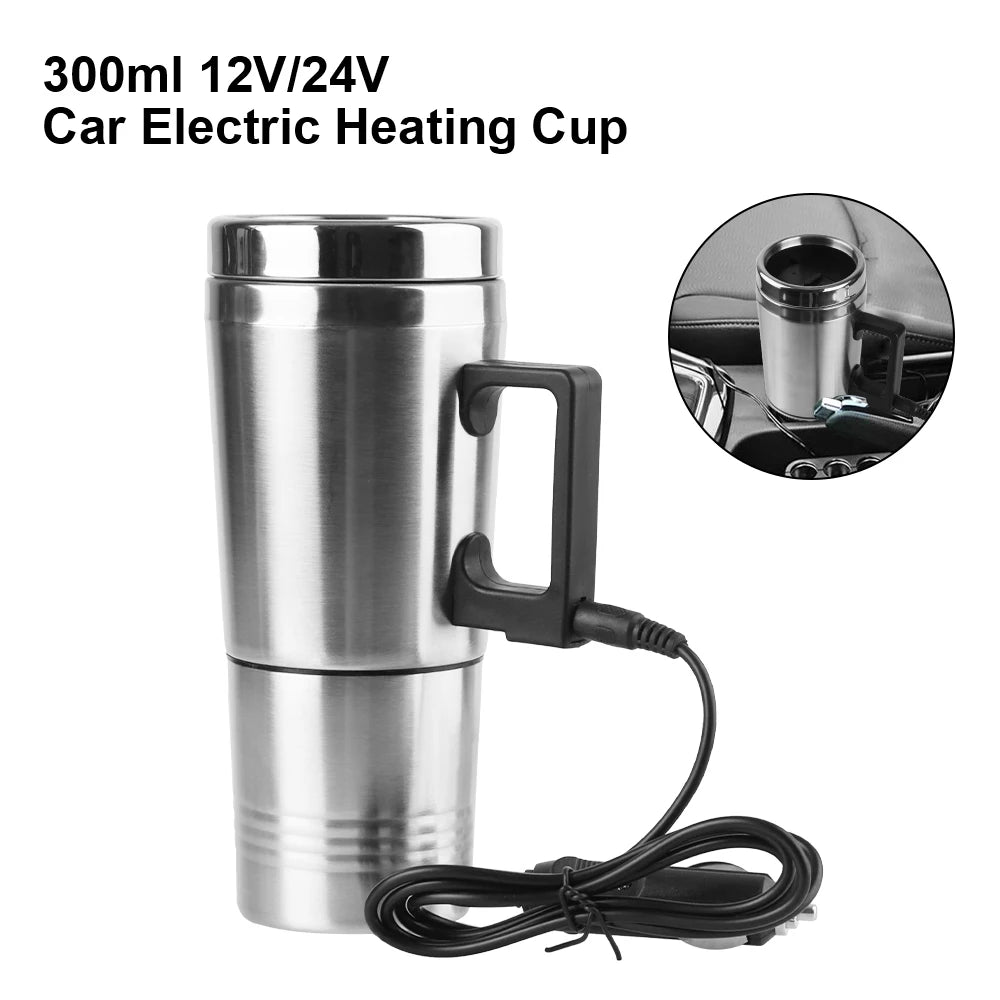 Vehicle Heating Cup Electric Heating Car Kettle 12V/24V 300ml Camping Travel Kettle Stainless Steel
