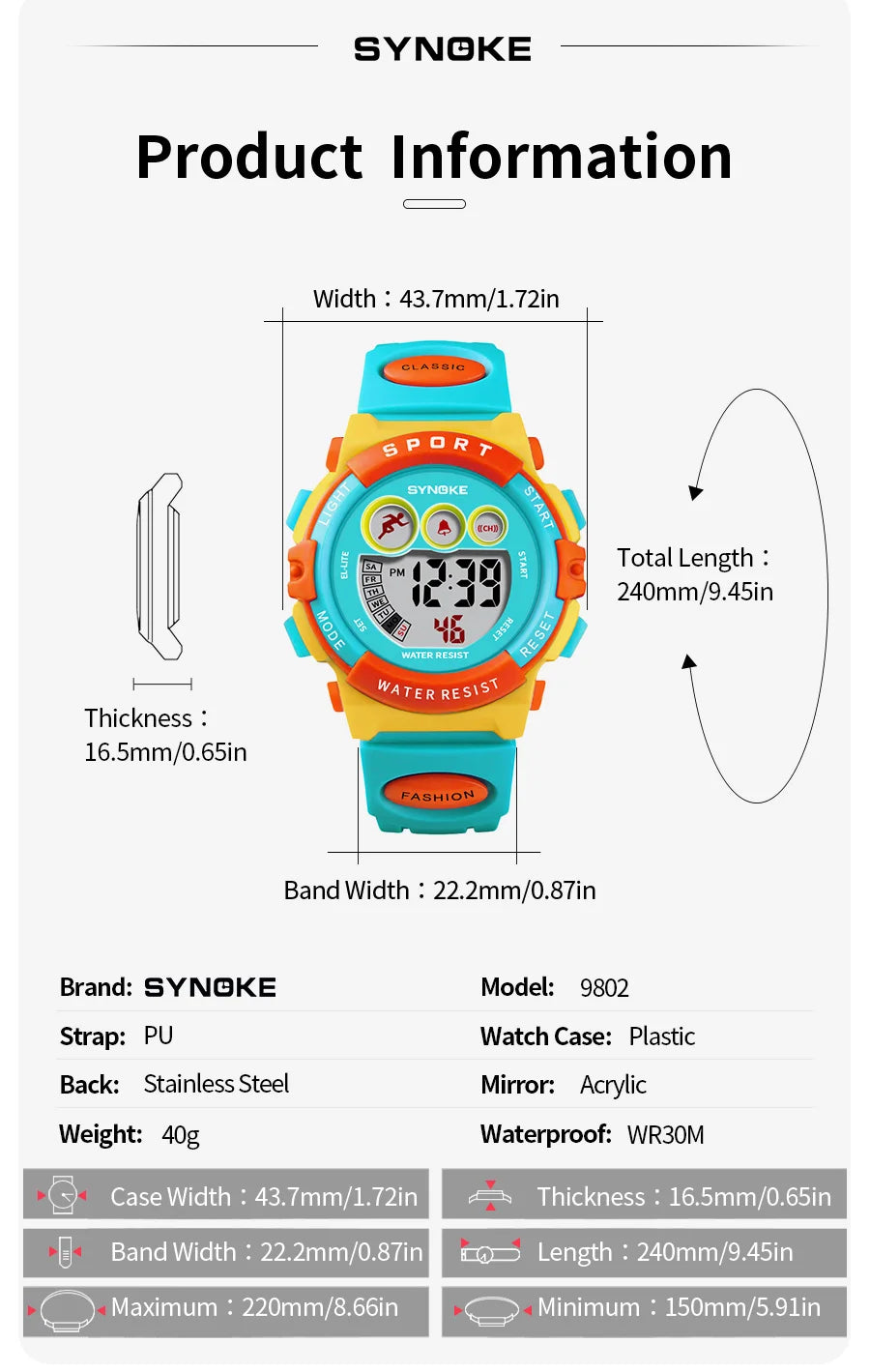 SYNOKE Student Sport Watches For Kids Colorful Electronic Watches Waterproof Clock Children Digital Watch For Boys Girls