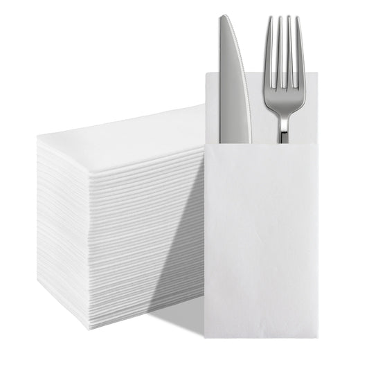 White Disposable Built-in Flatware Pocket Napkins,13x15.75inch,50PCS.Prefoled  Eco-Friendly for Silverware,Wedding, Party,Events