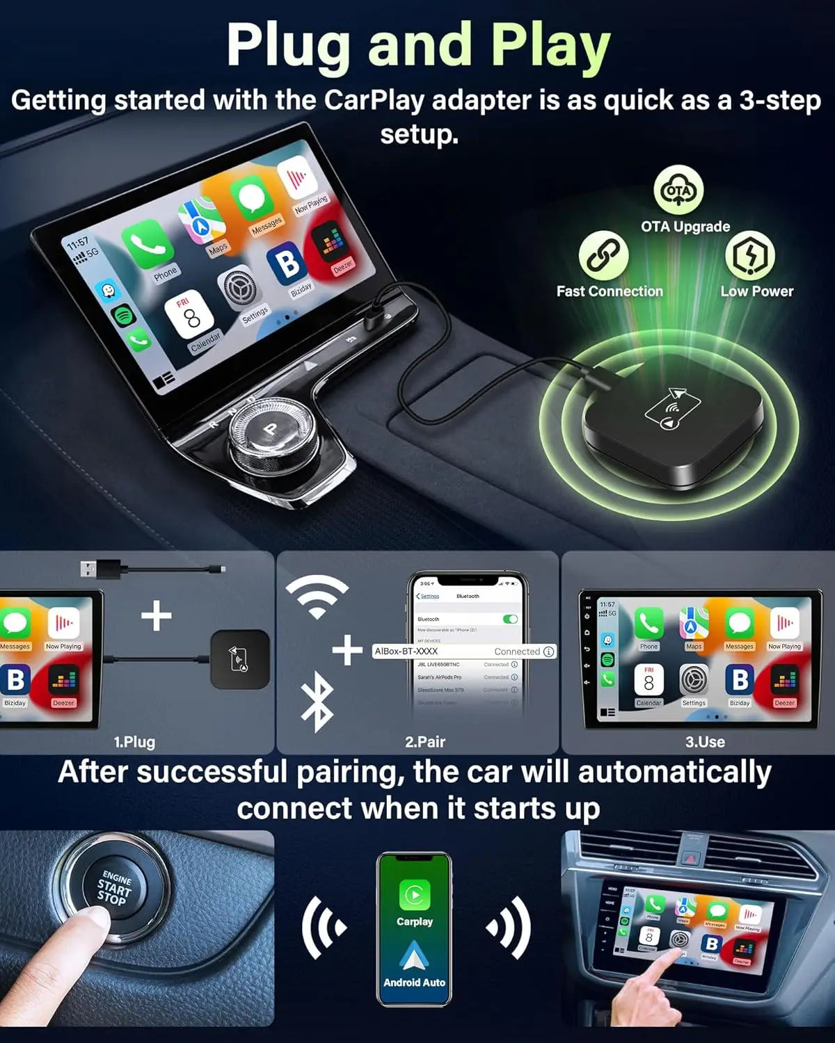 Mini Box Wired to Wireless CarPlay and Android Auto Wireless Adapter Spotify For Toyota Mazda Nissan Camry Audi Ford Kia Hyundai