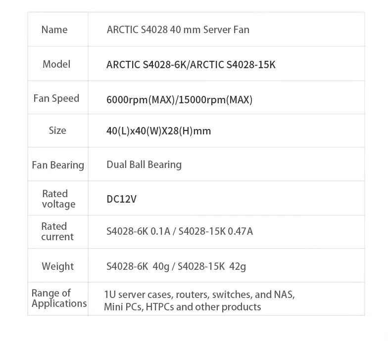 ARCTIC S4028 40x40x28mm Server Fan Double Ball Bearing 6000-15000 RPM 4-Pin 12V DC Black for Computer Hardware Cooling