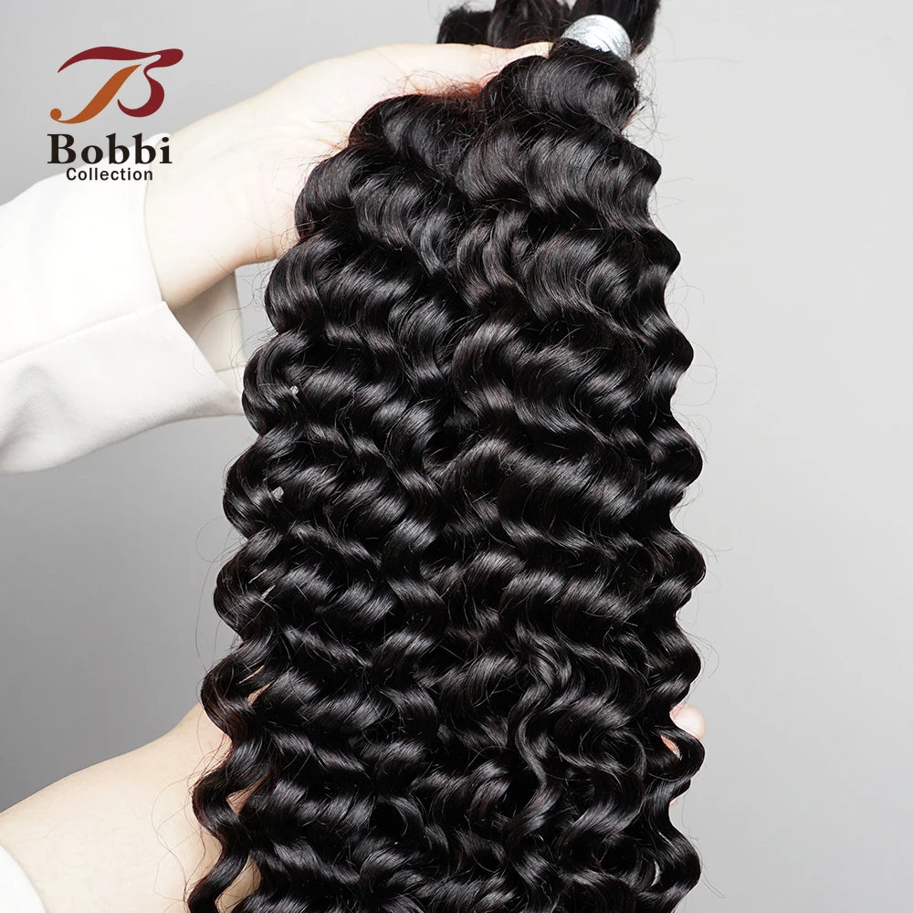 100% Human Hair Bulk for Braiding 1 Bundle Deep Wave Curly Natural Black Indian Remy Boho Braids Hair Bulk Extension Bobbi