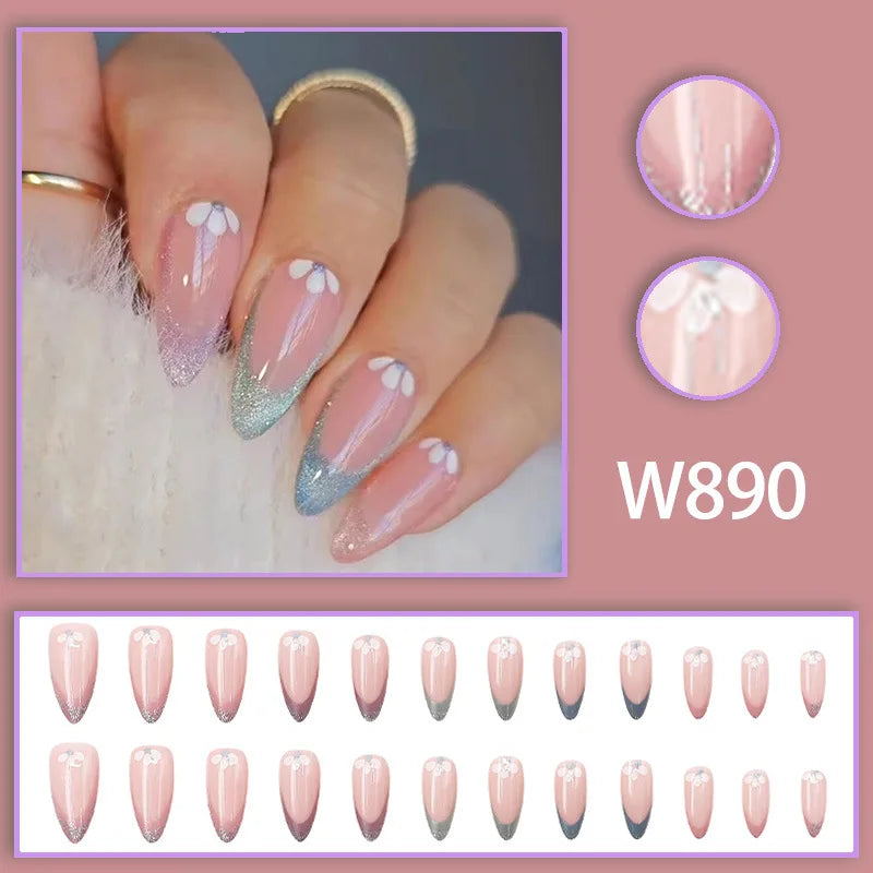 Mandarin Duck 24 Pcs Press on Nails Pink Gradient Fake Nails Glossy Artificial Finger Manicure Reusable False Nails