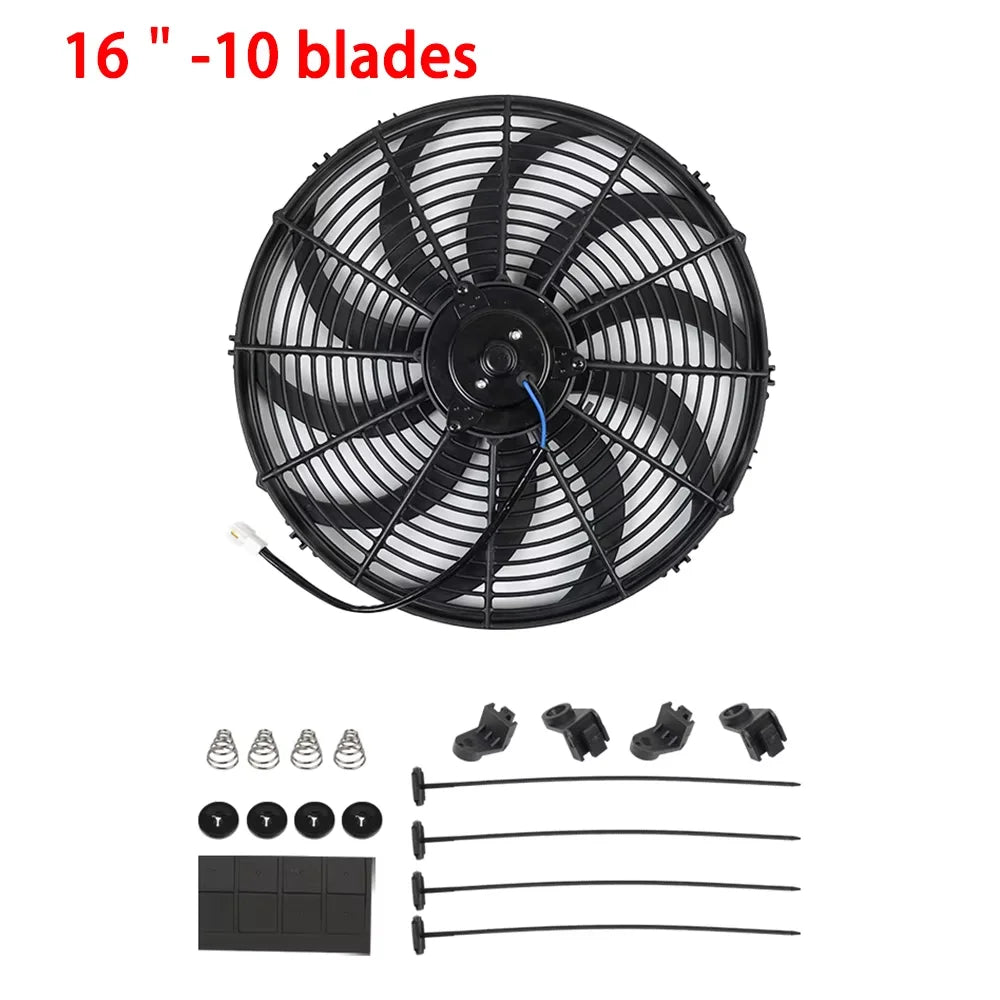 Universal 7/9/10/12/14/16 Inch 12V 80W 2100RPM Car Air Conditioning Cooling Fan Blade Cool Mounting Kit CF-1001 Black CF-1001