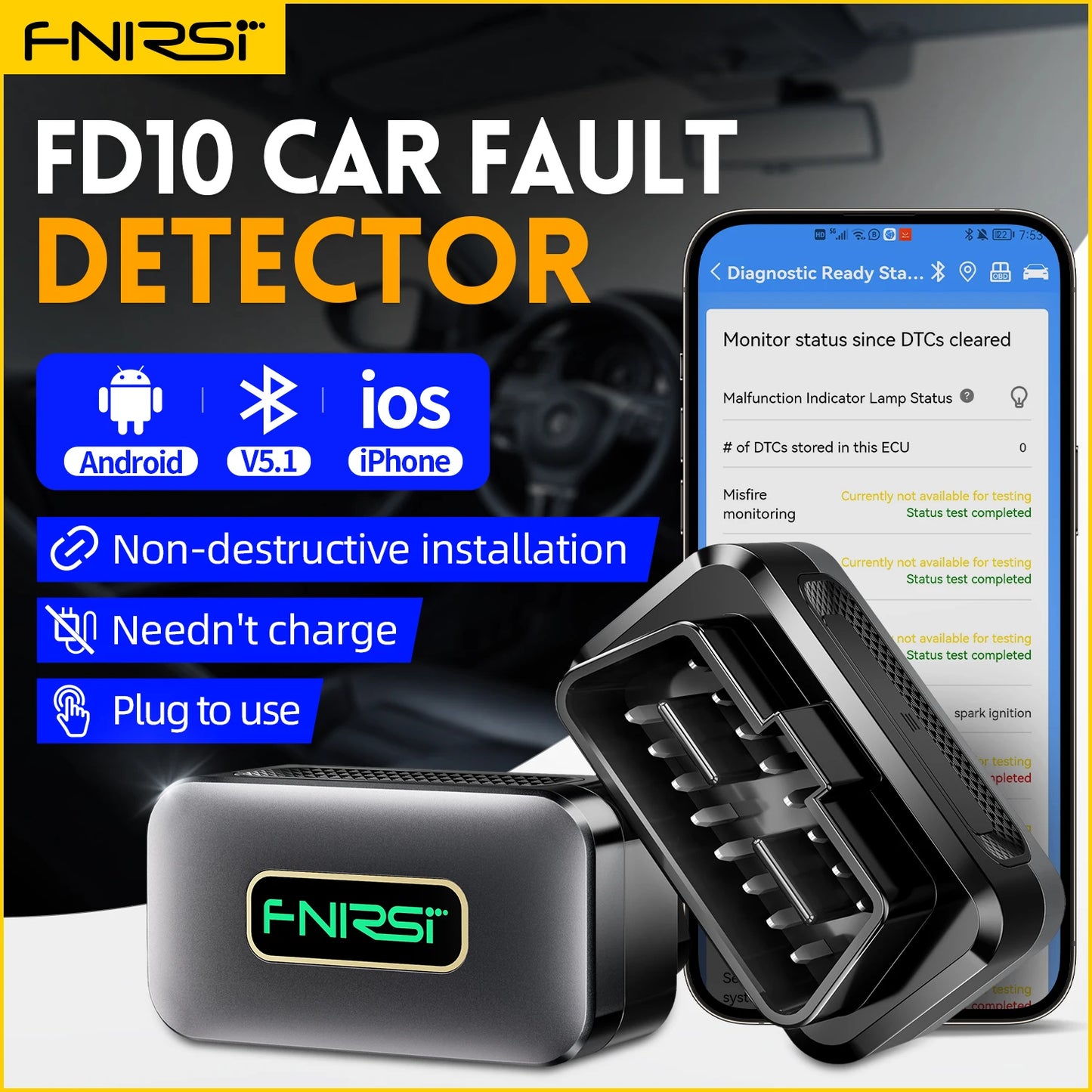 FNIRSI FD10 BluetoothV5.1 Check Engine Light Car Repair Car OBDII Scanner Code Reader Clear Error OBD Diagnostic Tool IOSAndroid