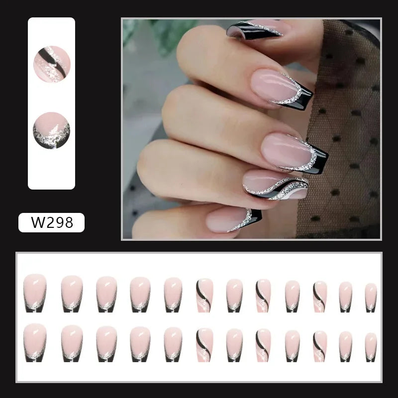 Dark Blue Cat Eyes 24 Pcs Press on Nails Pink Gradient Fake Nails Glossy Artificial Finger Manicure Reusable False Nails