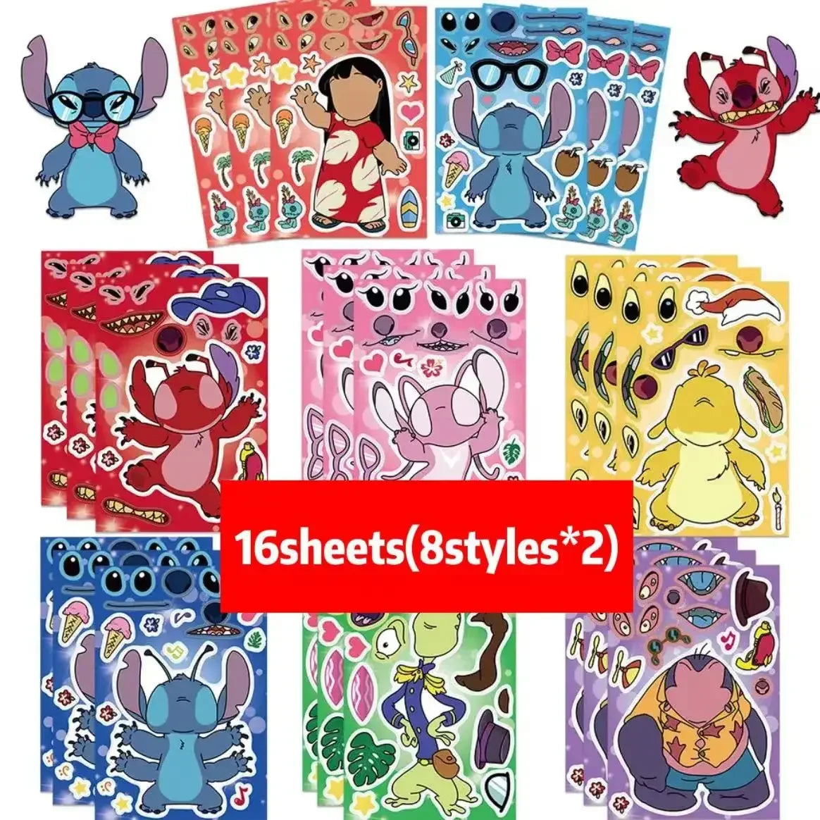 8/16Sheets Disney Micke Puzzle Stickers  Children DIY Make-a-Face Funny Assemble Jigsaw Cartoon Sticker Kids Educational Toys