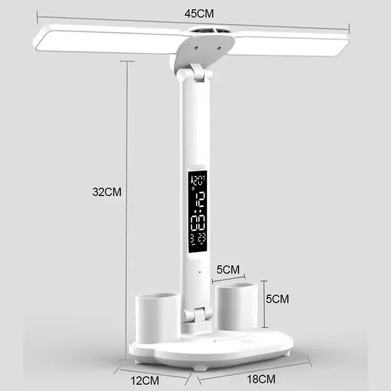 Multifunctional Eye Protection Rechargeable LED Clock Dimmable Desk Lamp 180° Rotating Foldable Desktop Reading Night Light USB
