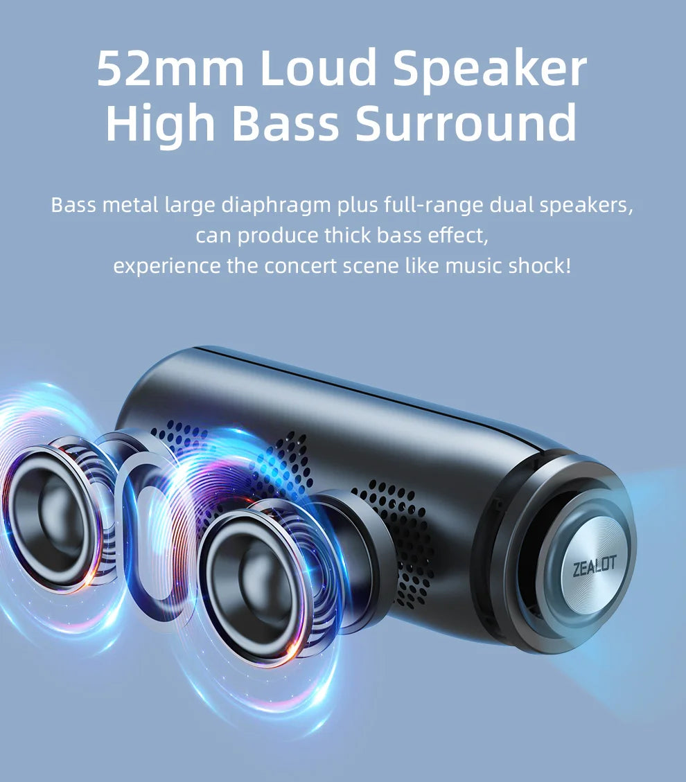 ZEALOT S51 Powerful Bluetooth Speaker Bass Wireless Speakers Subwoofer Waterproof Sound Box Support TF, TWS, USB Flash Drive