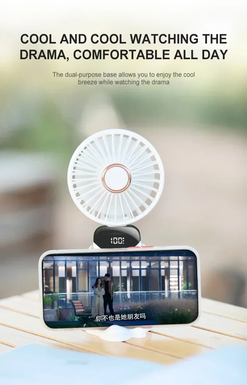 Handheld USB Mini Fan Foldable Portable Neck Hanging Fans 5 Speed Usb Rechargeable Fan With Phone Stand And Display Screen New