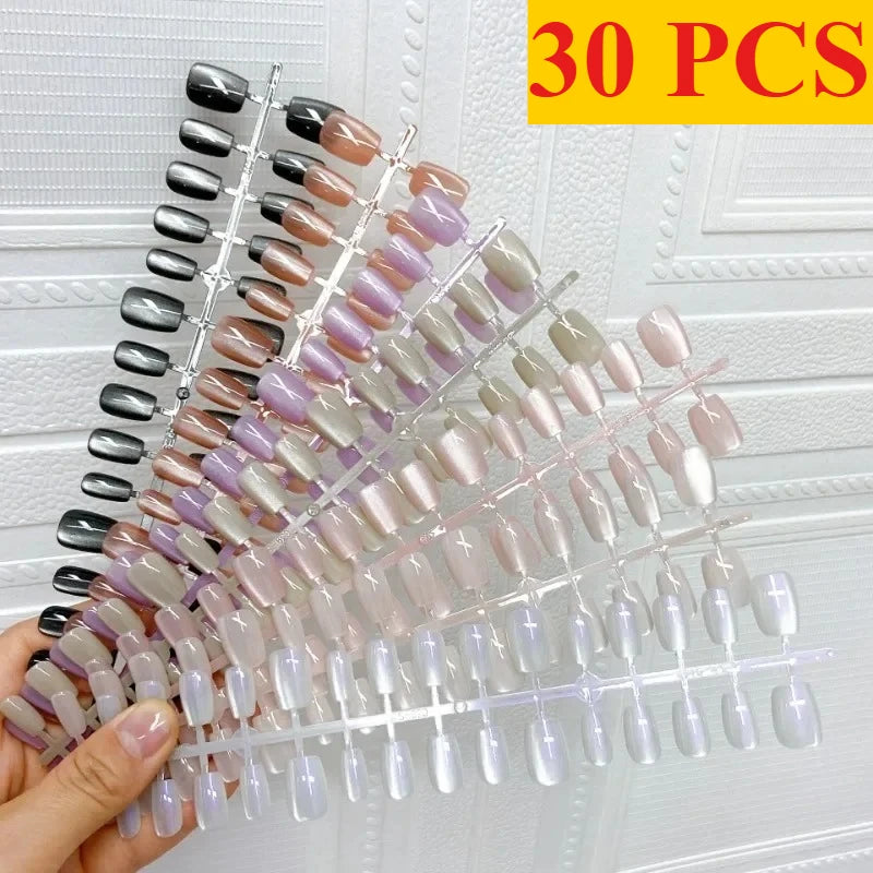 New 30Pc Cat Eyes Effect Press On Nails UV Gel Magnetic Cat Eye Fake Nails Handmade Artificial Nail Tips with Adhesive for Girls