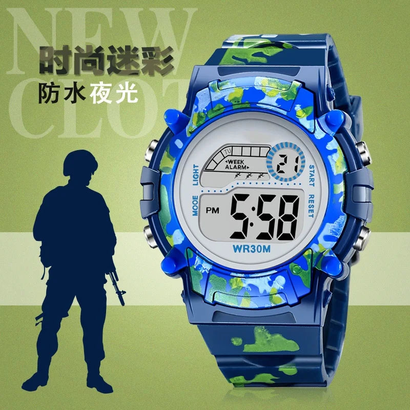 2023 New Boys Sports Military Kids Digital Watches Student Childrens Watch Fashion Luminous LED Alarm Camouflage Girls Clock