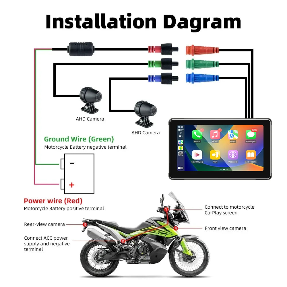 Srnubi 7 inch Portable Motorcycle DVR LCD Display GPS IPX7 Waterproof For Wireless Apple CarPlay Android Auto Airplay Monitor