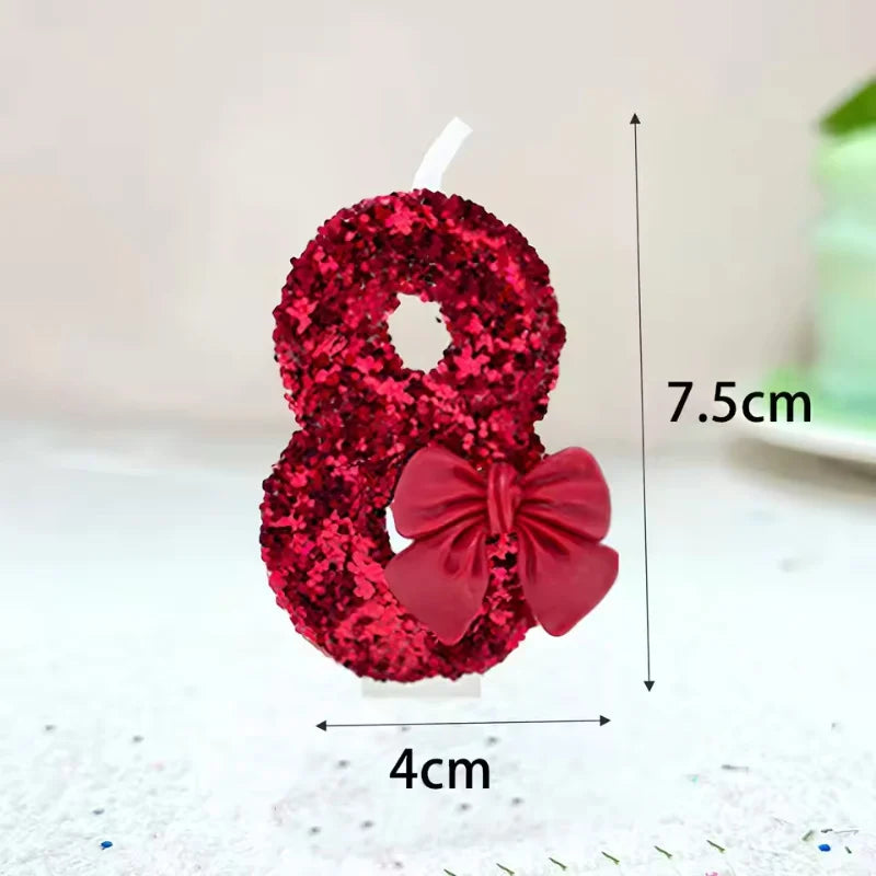 Sanrio 0-9 digit Birthday Candles,Lotus root pink bow tie with Glitter Sequins,  Suitable for Birthday Party Cake Decoration