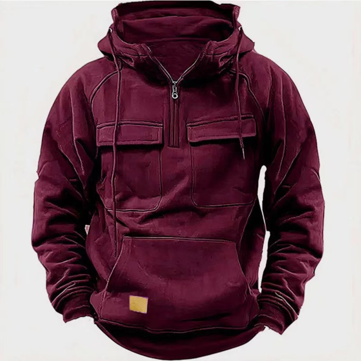 Fashionable Youth Men's Hoodie Solid Color Casual Autumn/Winter Pullover with Multi Pockets Patch Design