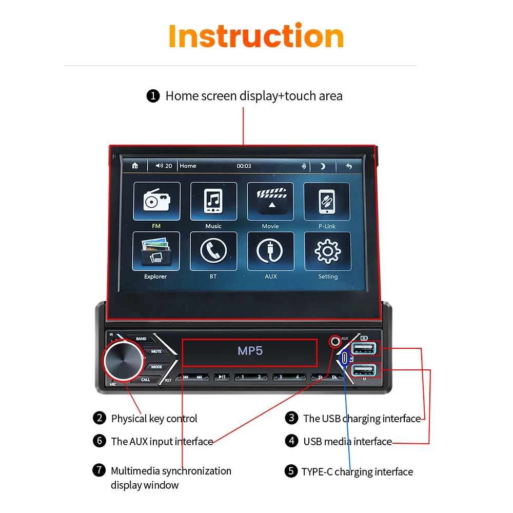 Navifly 1 Din Car Radio Stereo Universal 7-Inch HD Touch Screen Multimedia Player BT Mirror Link Monitor AUX Intelligent Systems