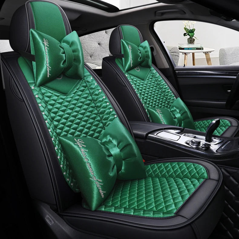 4 Pc Breathable 3D Bling Diamond Inlaid Leather Flax Car Seat Cover For Women