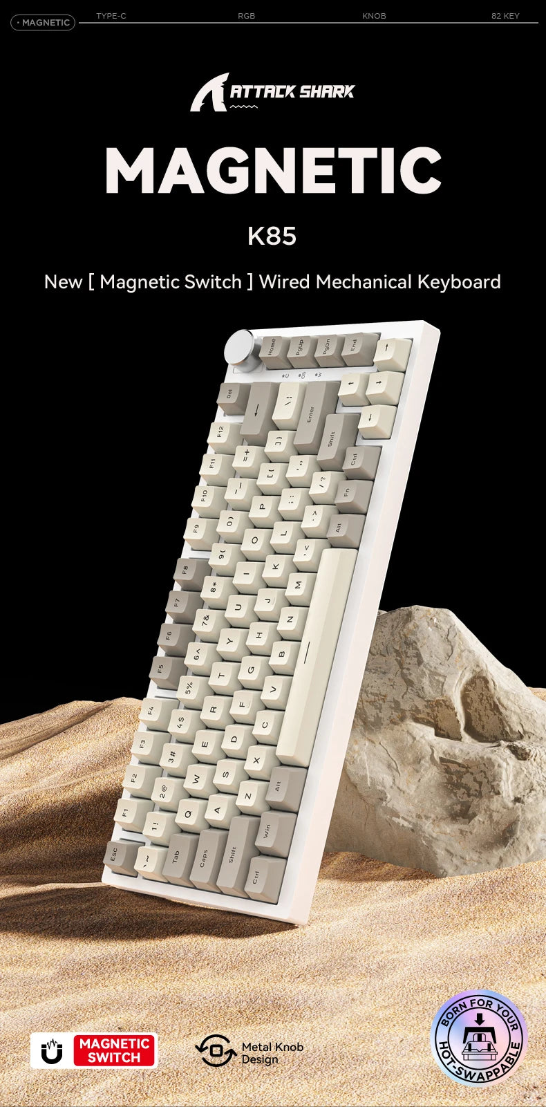 Attack Shark K85 Mag Customisable Mechanical Keyboard,Magnetic Switch,Hot-swappable,Metal Knobs,Suitable for FPS. games,Win&Mac