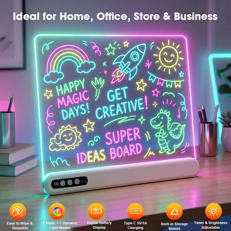 LED Drawing Board for Kids Rechargeable Light-Up Acrylic Neon Board with Timer and Built-in Stand Digital Battery