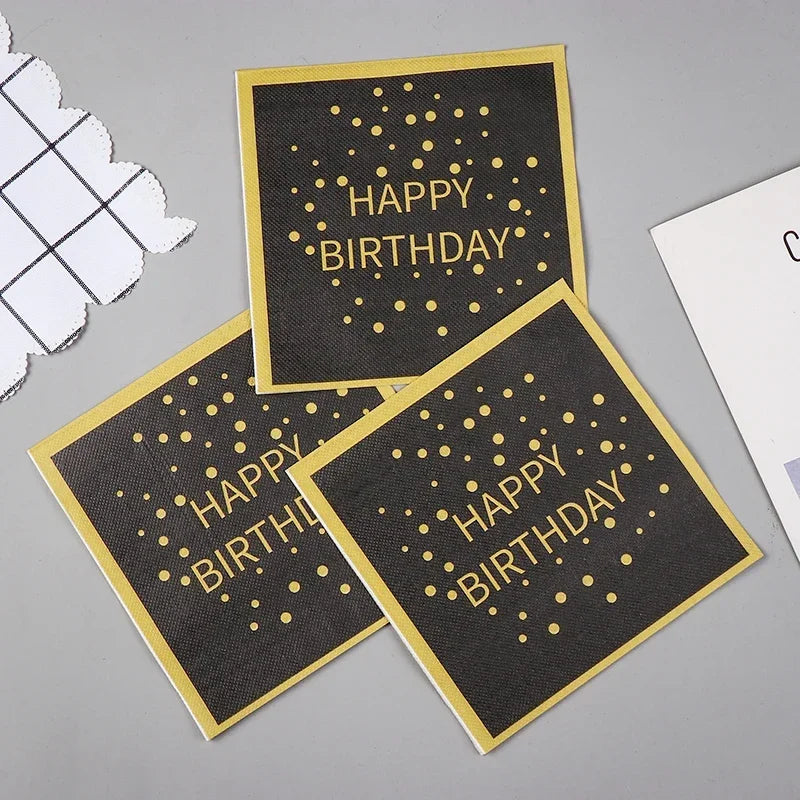 Birthday Party Colorful Printing Napkins Square Paper Napkins Gold Lettering on Black Background Paper Placemats 20pcs/pac 33cm