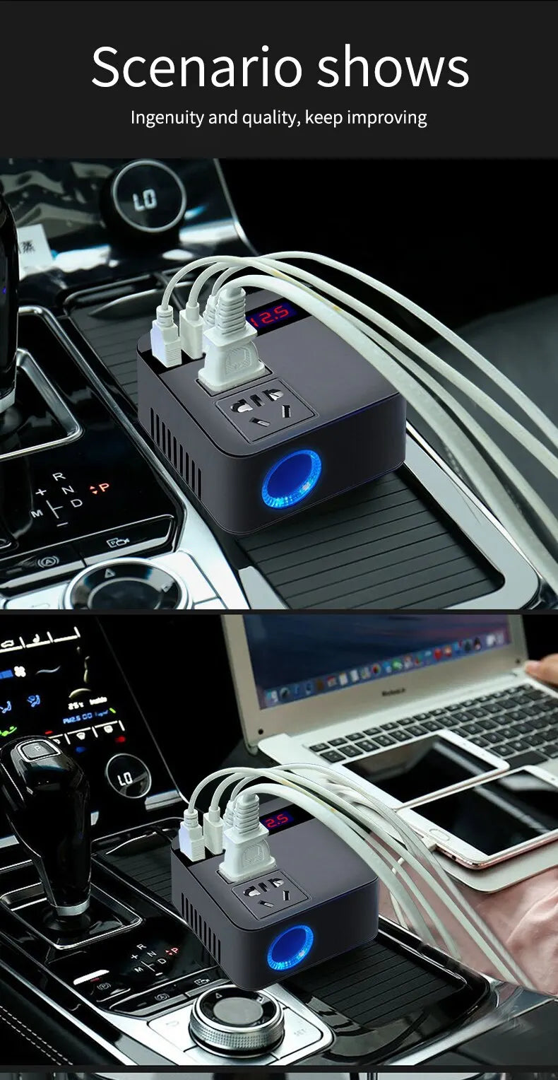 Car Inverter 150W Peak DC12V/24V to 110V/220V LED Display Sockets Power Inverter Adaptor Fast Charging