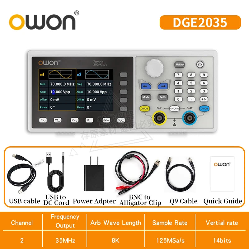 Owon 2-Ch function arbitrary waveform signal generator DGE2035/2070 30/70MHz 14bits, modulation, swept frequency, pulse, storage