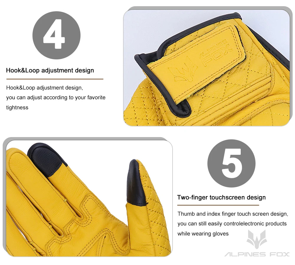 Vintage Leather Motorcycle Gloves Men Women Wear-resistant Motobike Guantes Touchscreen Anti-slip Retro Motobiker Luvas Yellow