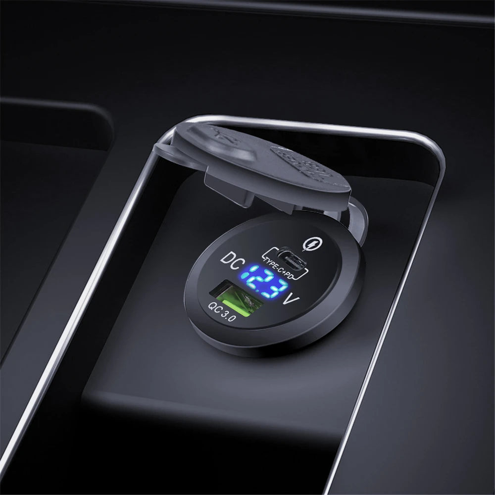60W PD QC3.0 Car Charger Socket with Voltage Meter Quick Charge 3.0 Socket Power Outlet for 12V/24V Motorcycle Truck Boat