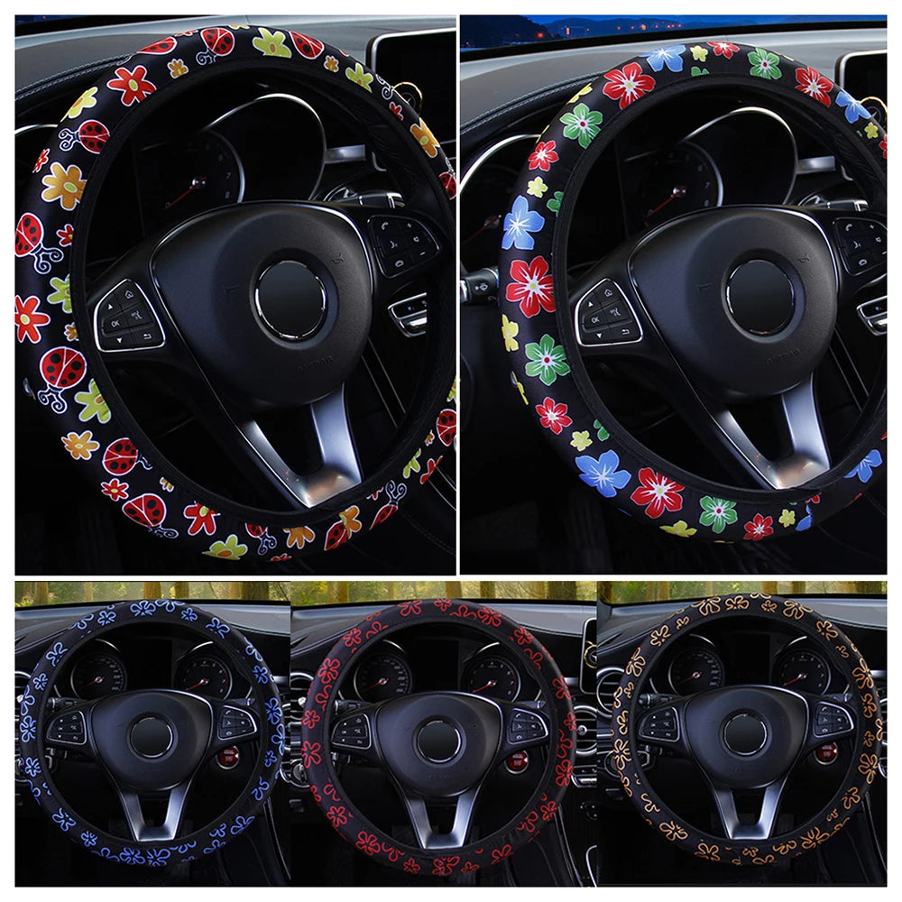 38cm Car Steering Wheel Cover Flowers Print Anti-slip Universal Auto Steering Wheel Protector Interior Accessories