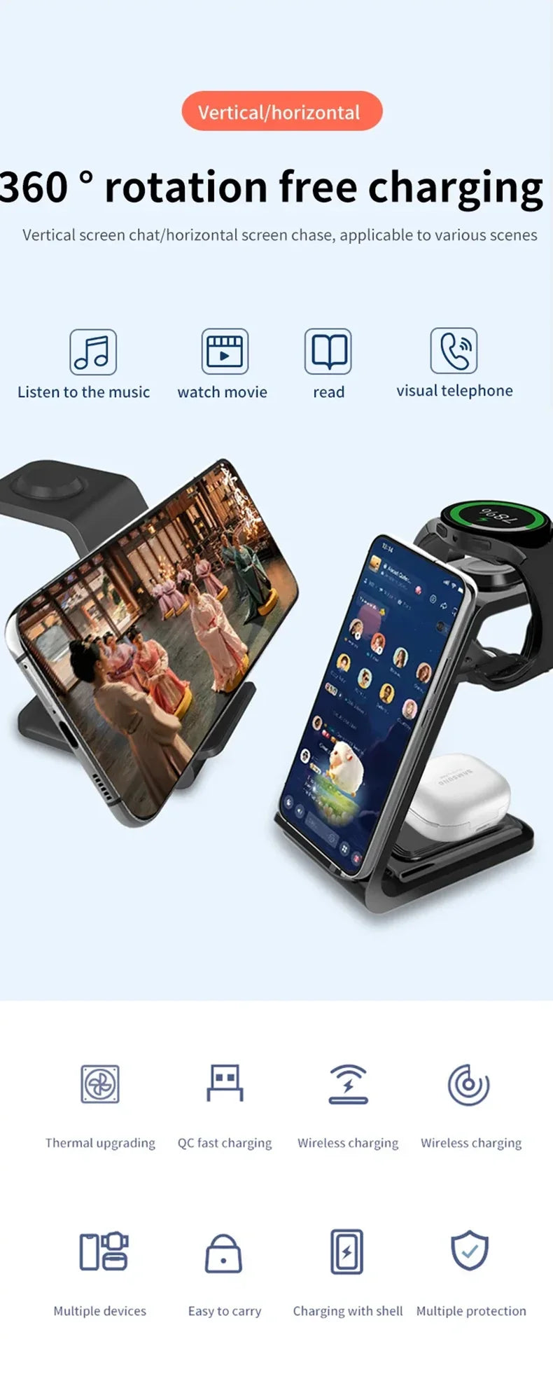3 in 1 Wireless Charger Stand For Samsung Galaxy S23 S22 S21 Watch 6 Pro/5/4/3 Active 1 2 Buds 2 Pro Plus Fast Charging Station