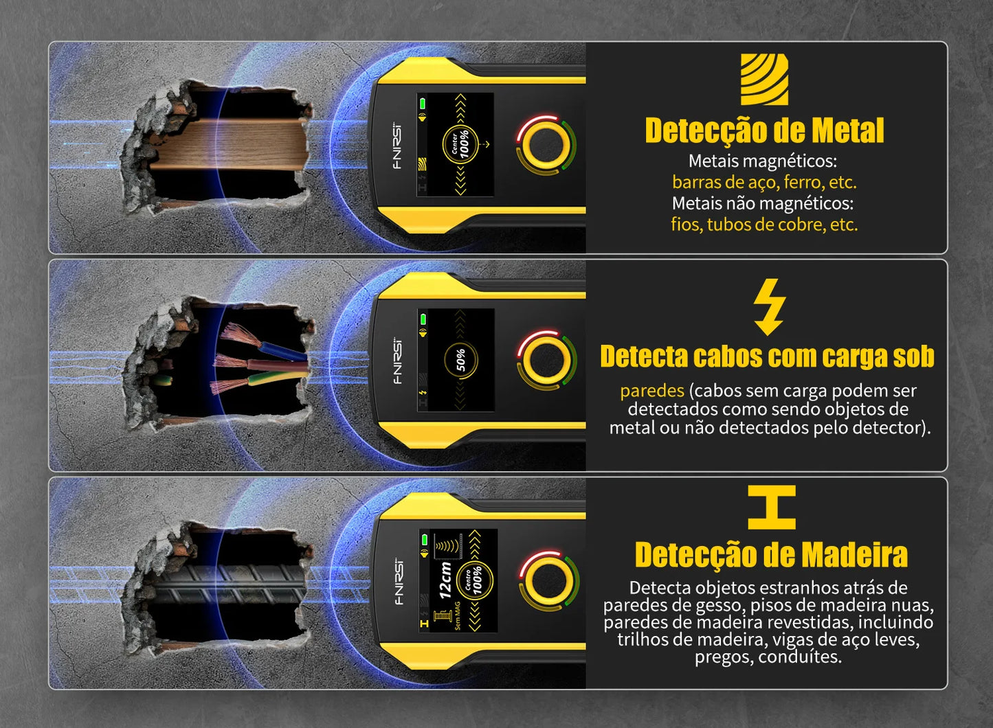 FNIRSI WD-02 Versão em português Detetor de parede Localizador de vigas Cabos CA com carga Vigas de metal Vigas de madeira