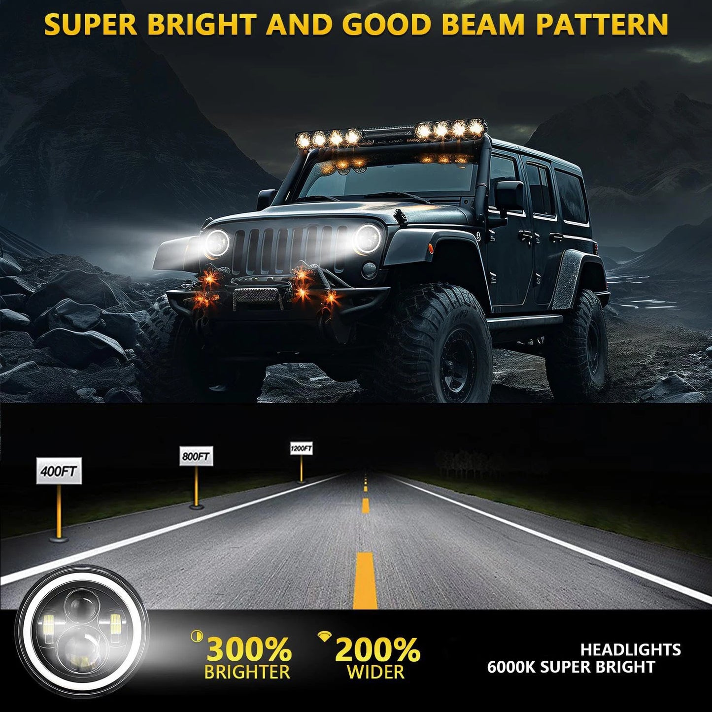 7 inch Round LED Headlight Halo Ring with Hi/Lo Beam Angel Eyes DRL Amber Turn Signal for Offroad Jeep Wrangler JK TJ CJ Moto