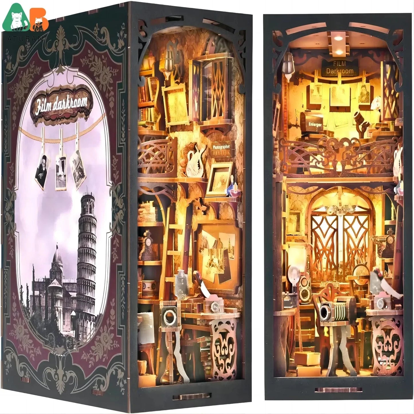 ATUBAN DIY Book Nook Kit, 3D Wooden Puzzle Miniature Dollhouse, Booknook Kit Bookend Bookshelf Insert Decor with LED Light