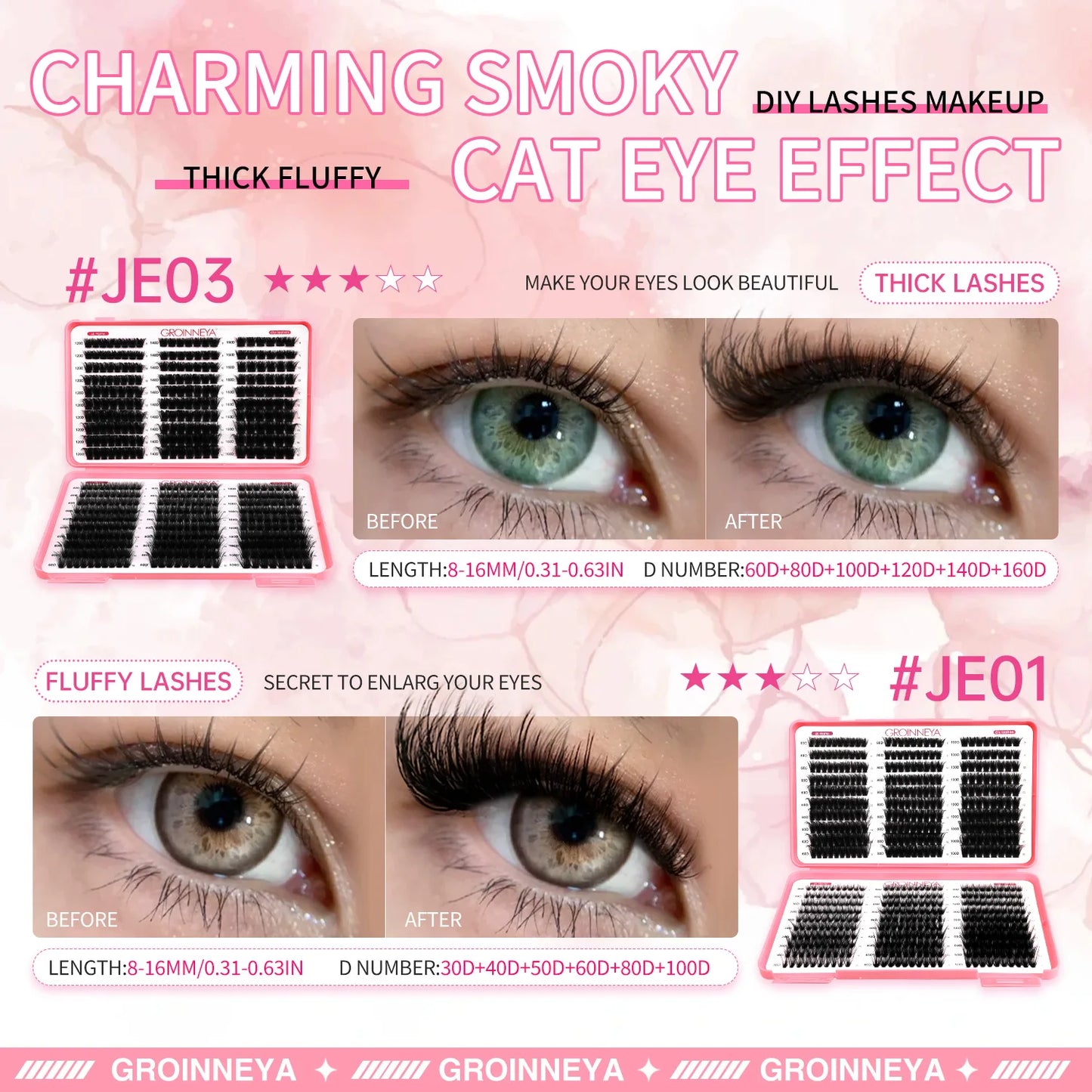 GROINNEYA Lashes Cluster DIY Lash Extension Mixed Tray Clusters Eyelashes Fluffy Volume Individual Lashes Cat Eye Lash Extension