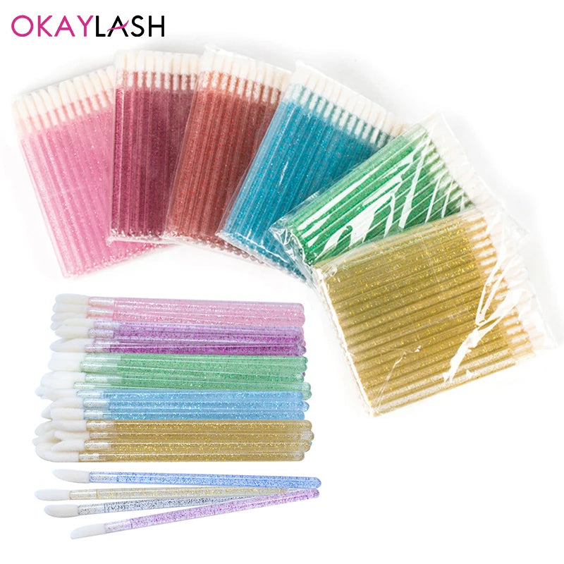 Okaylash Disposable Glitter Lip Gloss Brush Eyelash Extension Cleaning Brushes Crystal Lipstick Applicators Cleaner Makeup Tools