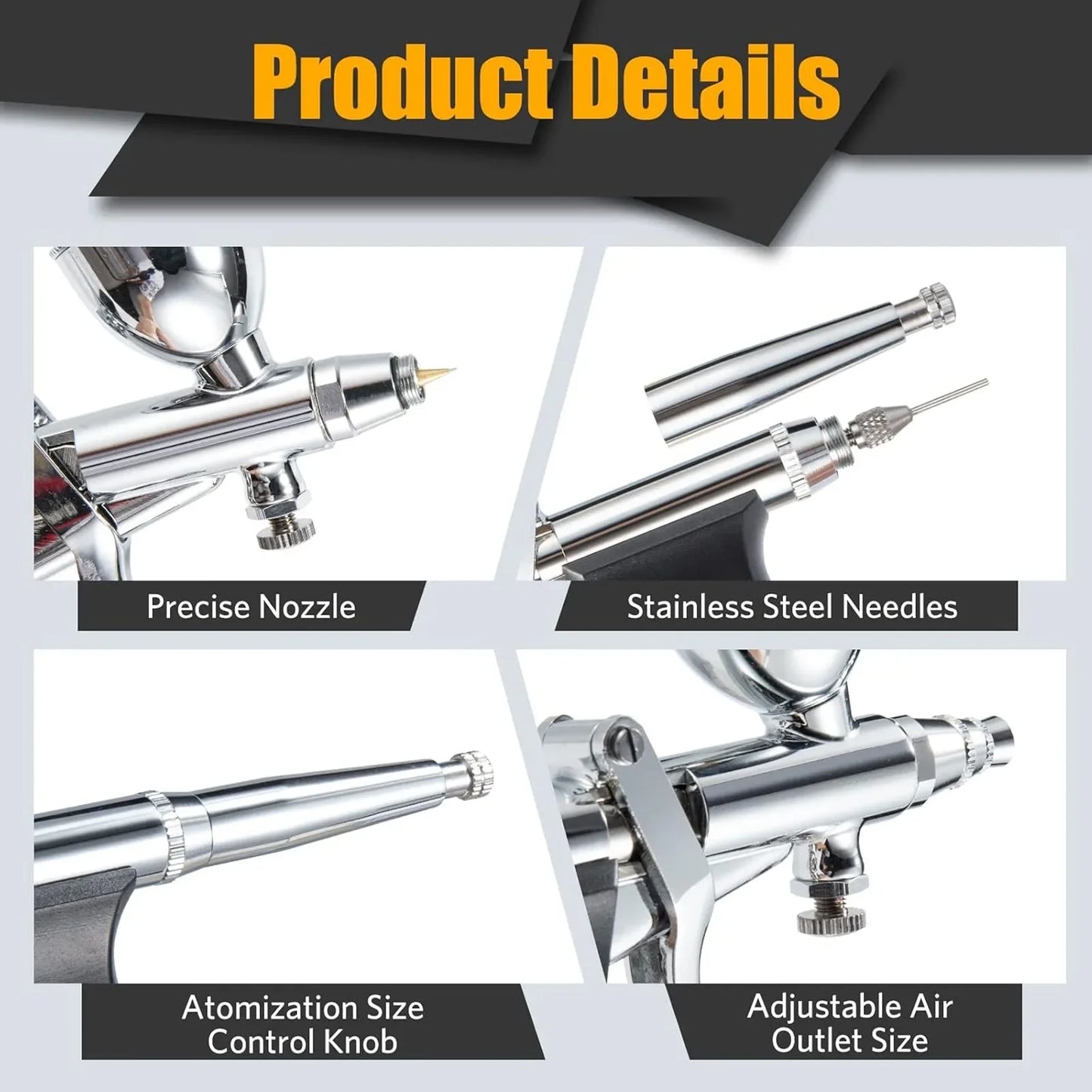 Airbrush Kit with Double Action Trigger, 0.3/0.5/0.8mm Needles, 2/5/13cc Paint Cups Airbrush Gun Ideal for Nails Cake Tattoo Art