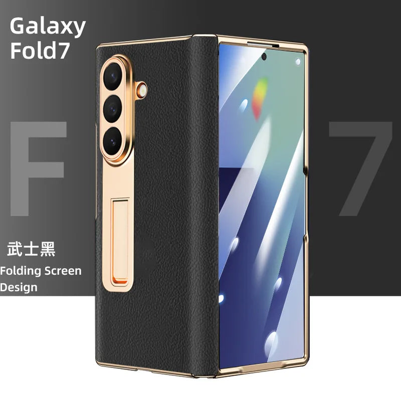 Luxury Leather Cover For Samsung Z Fold 7 6 5 Case Plating Stand Hinge Front Glass Screen
