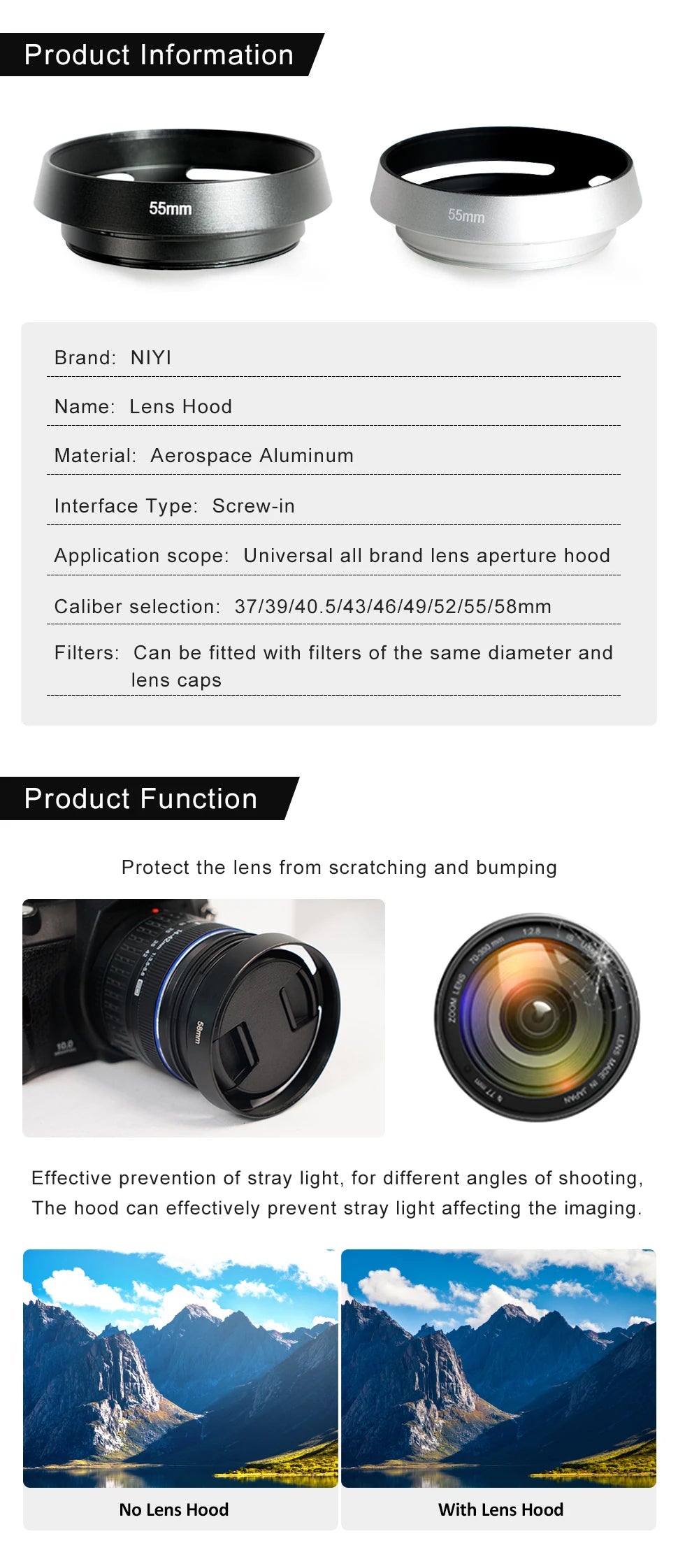 37/39/40.5/43/46/49/52/55/58/62mm Metal Hollow Camera Lens Hood for Fuji Nikon Pentax Sony Olympus Canon Hollow out Lens Hood