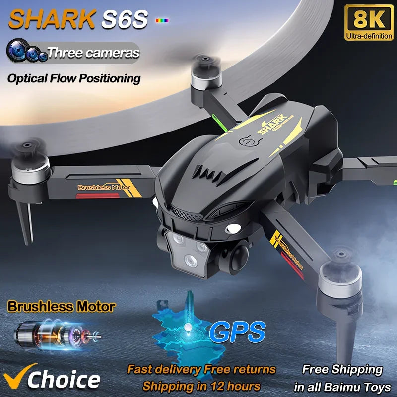 Hot Shark Drone S6S Brushless Professional 8K HD Camera WIFI FPV Obstacle Avoidance Optical Flow RC Foldable Quadcopter Toys