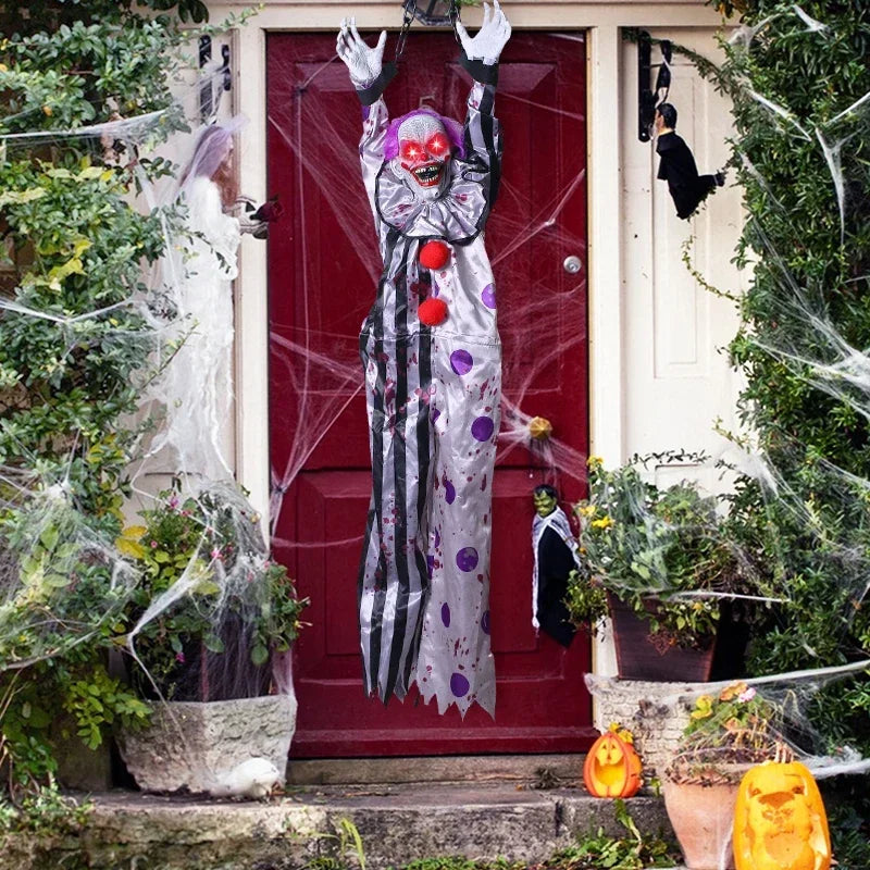 Halloween Hanging Animated Decorations Talking Shaking Scary Clown with Chain Voice Control Outdoor Yard Haunted House Prop