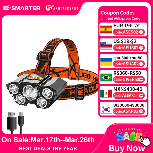 5 LED Flashlight Rechargeable with Built in 18650 Battery Strong Light Camping Adventure Fishing Head Light Headlamp