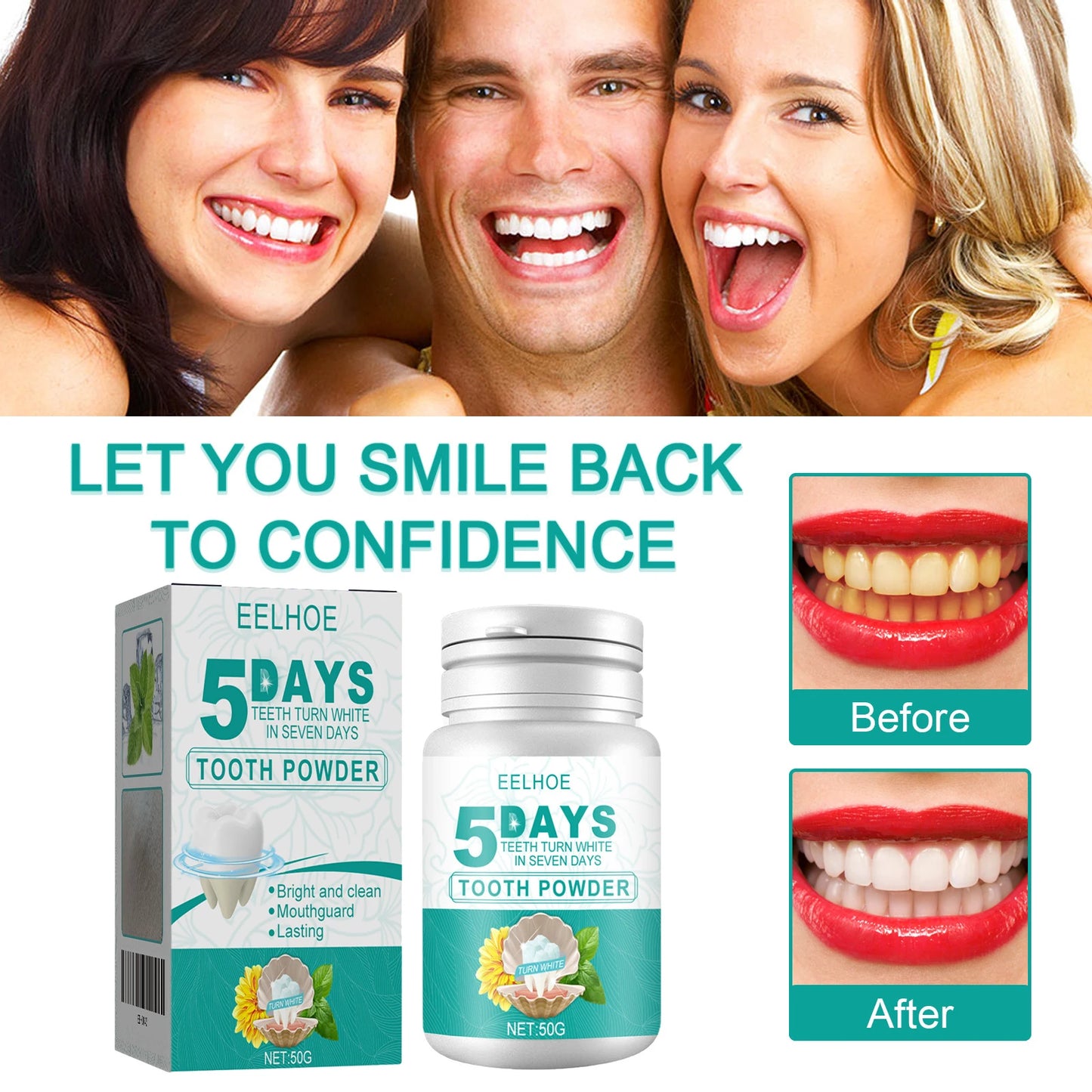 EELHOE Teeth Whitening Powder 5 Days Tooth Cleaning Oral Hygiene Care Plaque Stains Tartar Removal Stains Natural Cleaning Tool