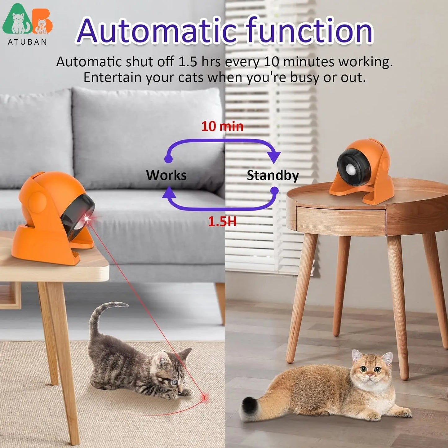 ATUBAN Automatic Cat Laser Toys, Interactive Cat Toys Built-in Real Motion Sensor, Multi-Angle Adjustable Rechargeable Pet Toys