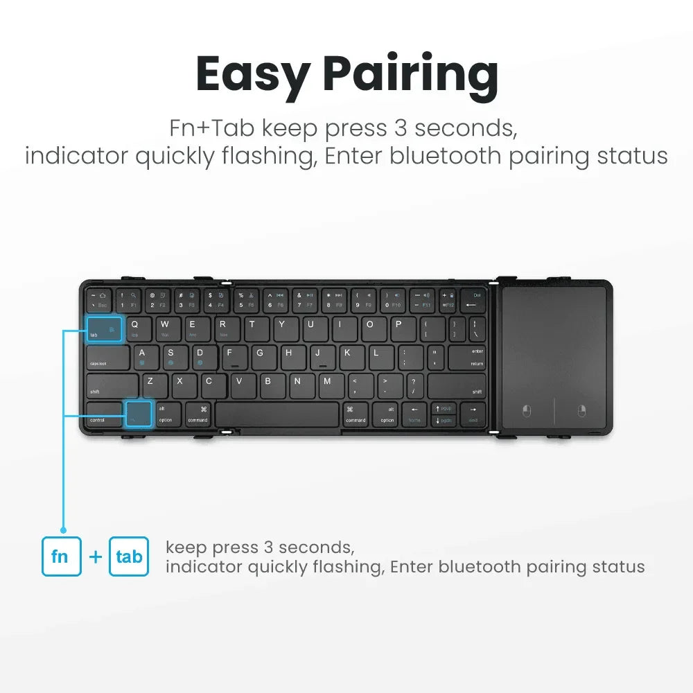 AVATTO Brazil/English/Russia Wireless Folding Keyboard with Touchpad Rechargeable Foldable Bluetooth Keyboard for Tablet Ipad