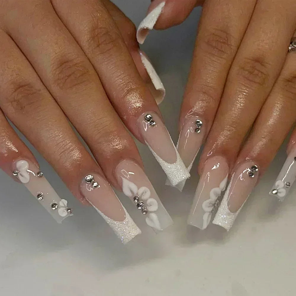 24Pcs Full Cover False Nails with Glue Long Square Coffin Fake Nails French Detachable Ballet Love Pattern Design Press on Nails