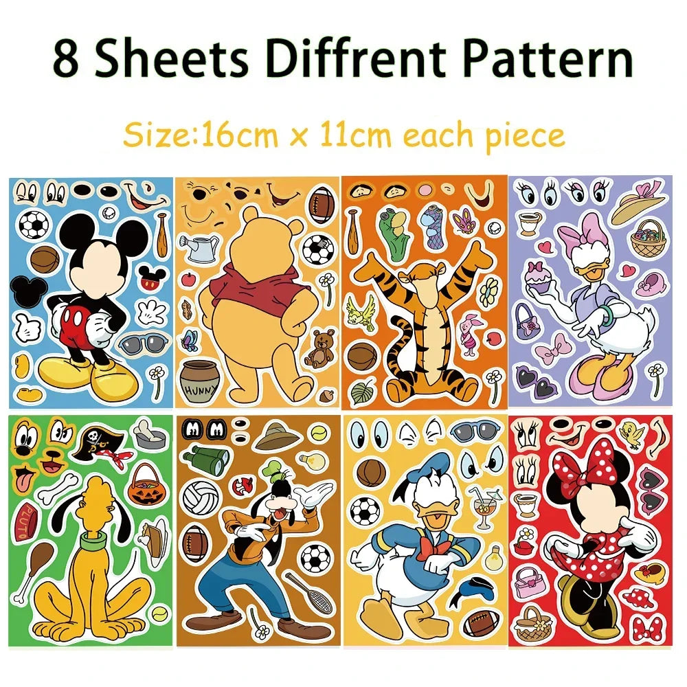8/16Sheets Disney Micke Puzzle Stickers  Children DIY Make-a-Face Funny Assemble Jigsaw Cartoon Sticker Kids Educational Toys