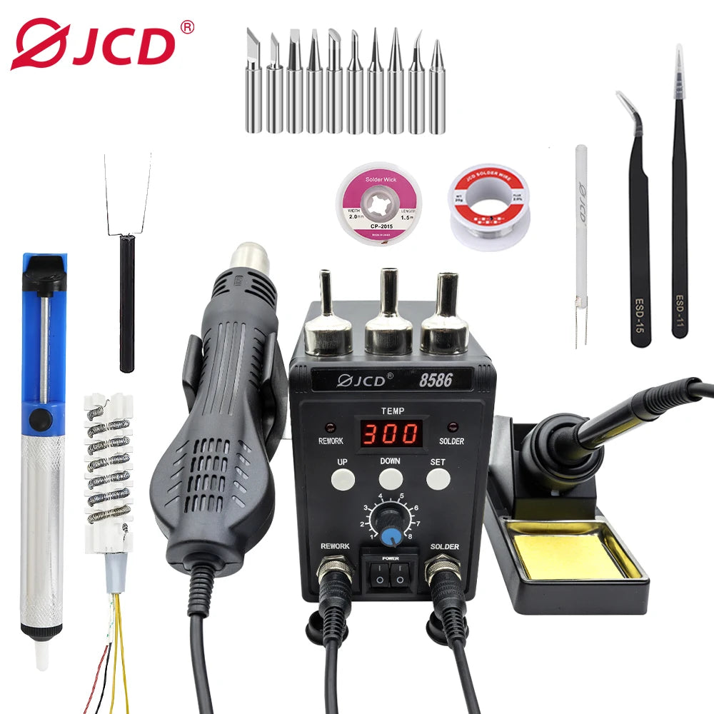 JCD 2 in 1 Soldering Station 8586 LCD Digital Display SMD Rework Hot Air Gun Soldering Iron 220V 110V ESD Welding Repair Tools