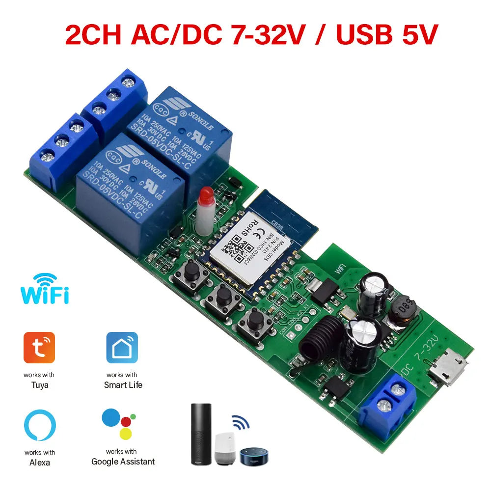 Tuya Smart 4 Channel WiFi RF Momentary Inching Relay Self-Lock Switch Module,DIY WiFi Garage Door Controller, Alexa Google Home
