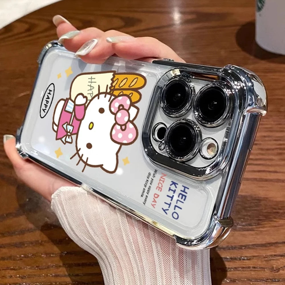 Clear Armor Hello Kitty Phone Case For iPhone 16 15 14 13 12 11 16 Pro Max Luxury Shockproof Bumper Protection Plated Back Cover